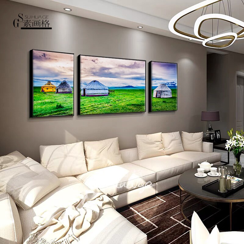 网红沙发背景墙壁画客厅挂画绿树大自然草原风景装饰画马三联画43