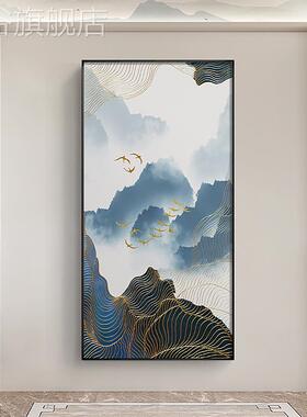 网红奢青玉案线轻新中式玄关装饰画竖版走廊挂画大气抽象飞鸟金色