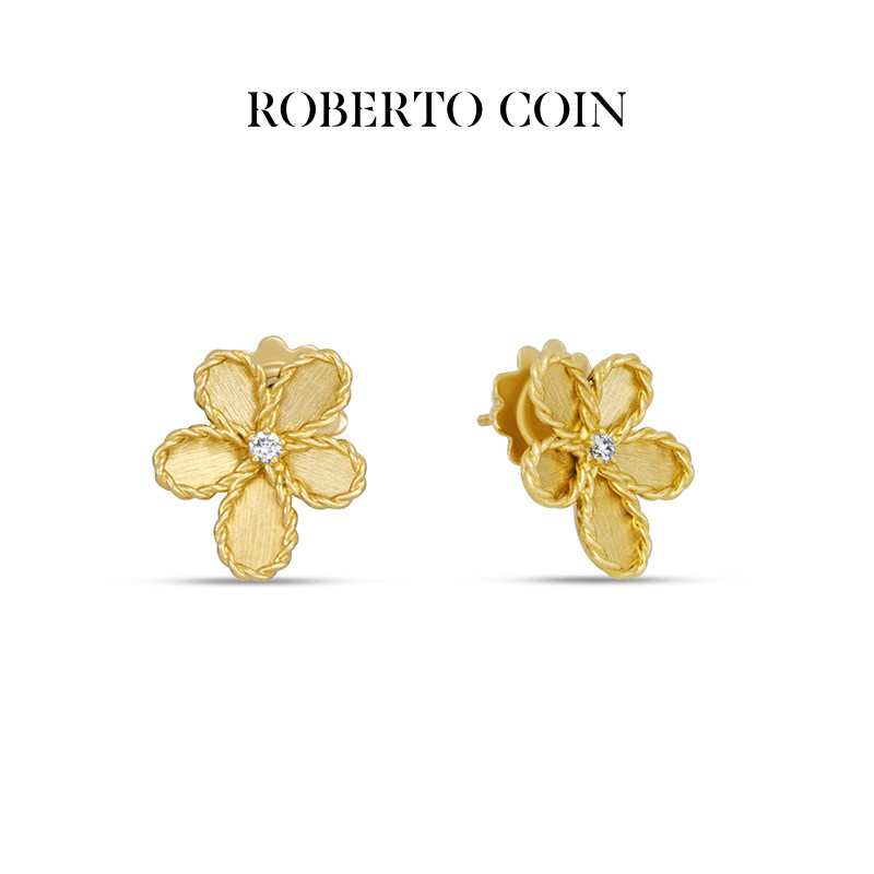 ROBERTO COIN/珂瑛JASMINE 18K黄金花卉钻石耳环耳饰耳钉送礼