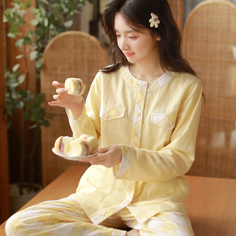 女士秋季新款纯棉双层纱布长袖开衫长袖套装睡衣女士春秋家居服