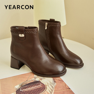 意尔康羊皮短靴女冬季加绒保暖粗跟高跟棉鞋宽脚胖脚大码女鞋