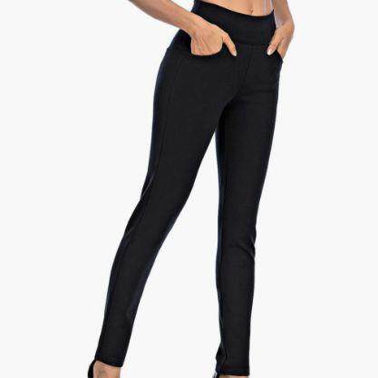Leg Dress Belt Pants Fit High Pull-On Stretch Pockets