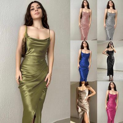 skirt long backless slim dress suspender slit satin low-cut