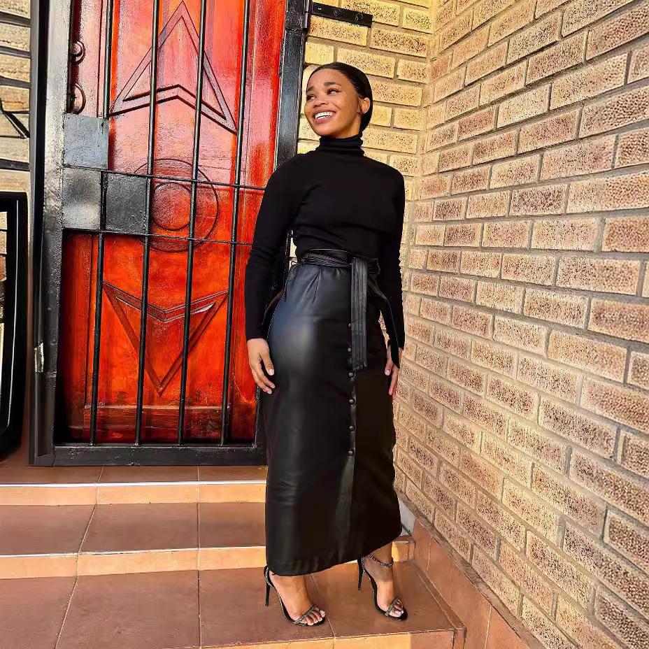 slits black leather with and mid-length belt Womens skirt