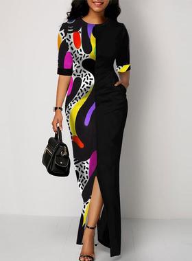 dress skirt long hip-wrapped slit sleeve short neck round