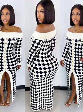 Houndstooth neck dress top boat tube knitted color sweater