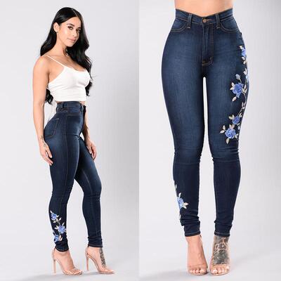 Women's ripped embroidered jeans low waist trousers