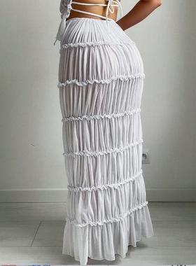 Pleated sunscreen hip gauze bikini long skirt color beach