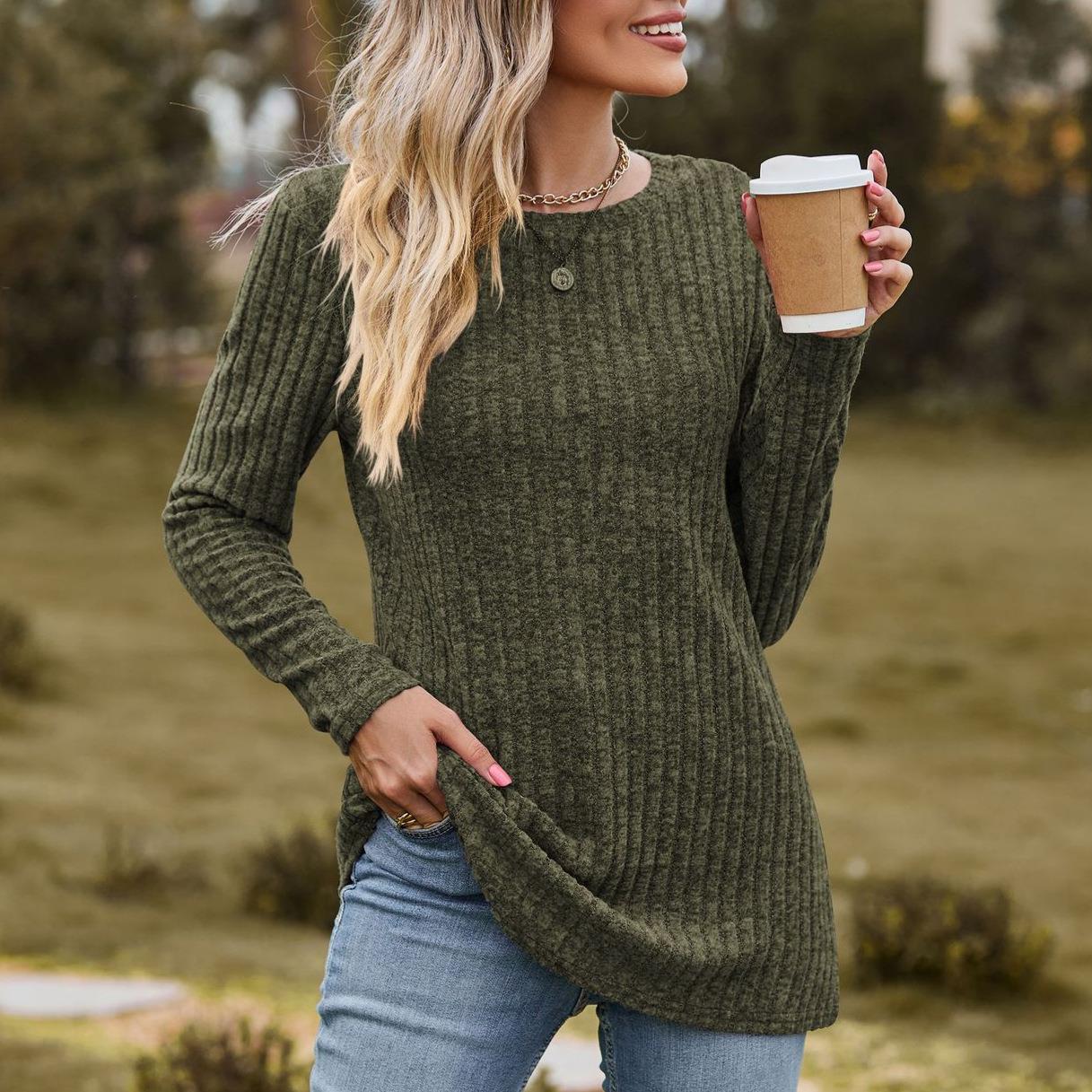 Womens Round Neck Brushed Solid Color Top Long Sleeve