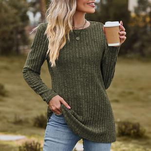 Brushed Solid Color Womens Long Neck Top Sleeve Round