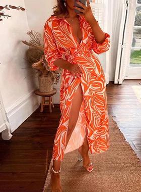 dress party length mid-calf print matching color split high