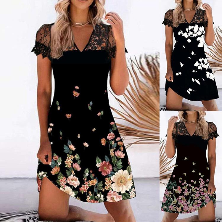 Dress Black Short Sleeve Lace Collar Short Dress