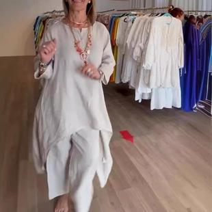 pants leg wide top linen and cotton sleeve long casual