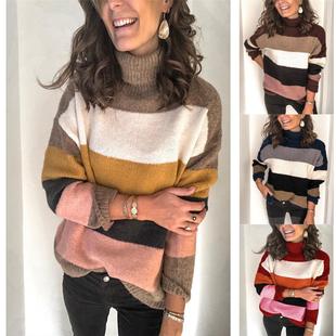 Turtleneck patchwork knitted sweater large size striped for