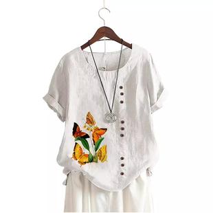 and Linen Large Summer Loose Cotton Size Casual Butterfly
