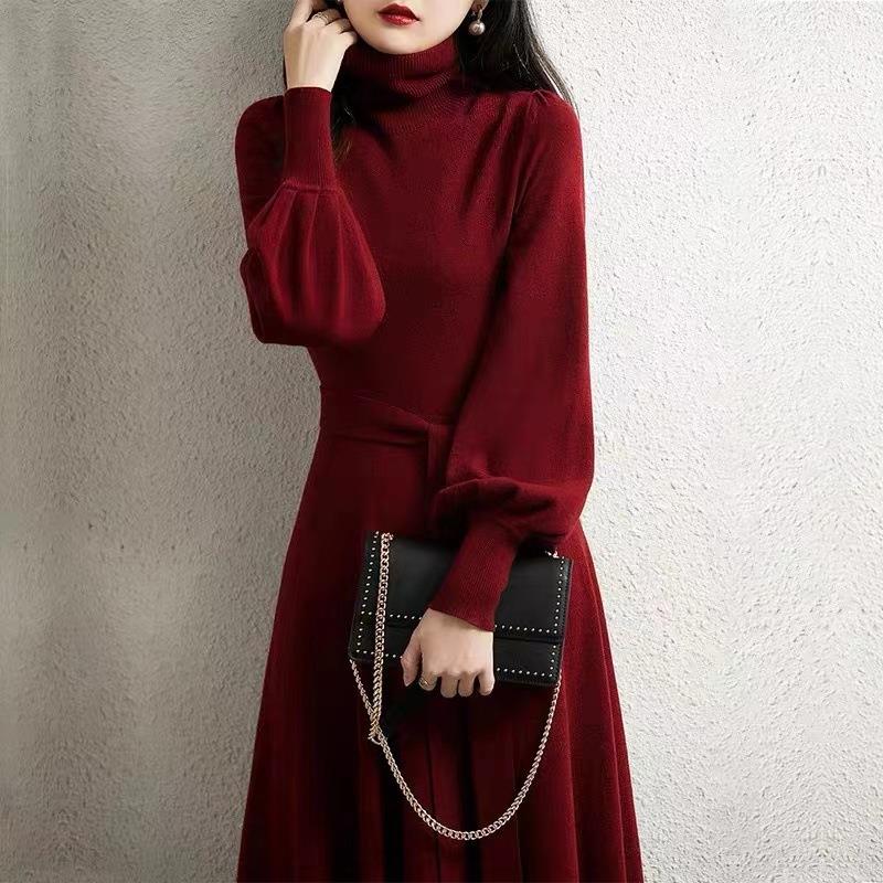 female solid sweater high waist style red dress color