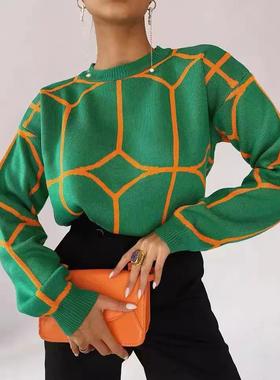 Women Top Knitted Jacquard Line Geometric Sweater Knitted
