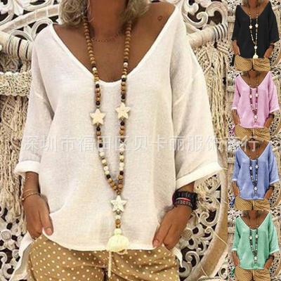 V-neck three-quarter sleeve T-shirt pullover cotton and