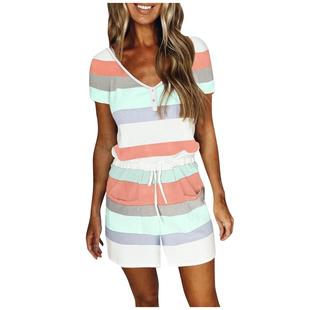 personality striped jumpsuit shorts ladies Women casual