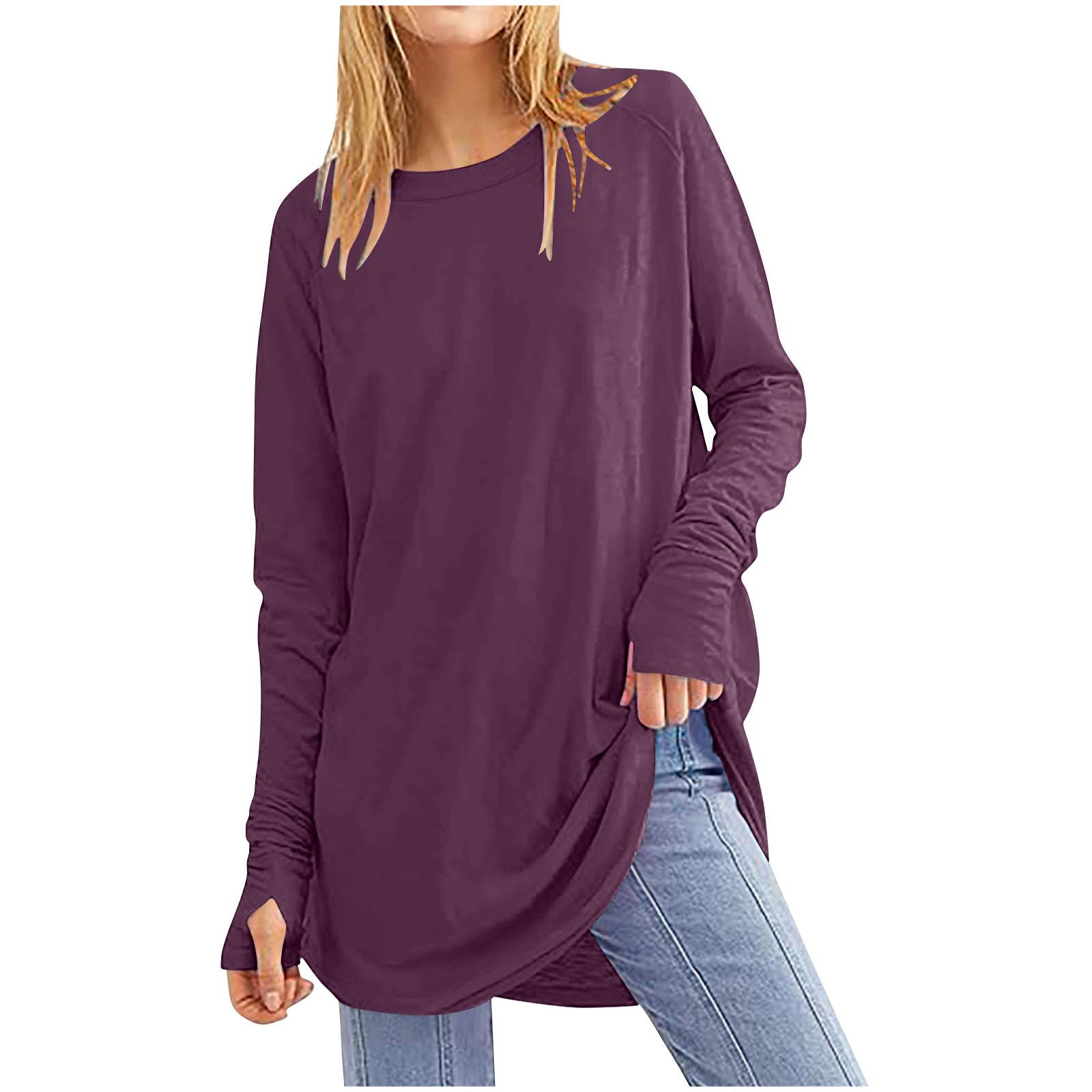 long color top loose neck thumb pullover round women Solid