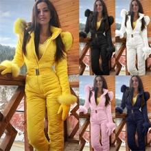 fleece women skiing jumpsuit faux fur collar hooded ski
