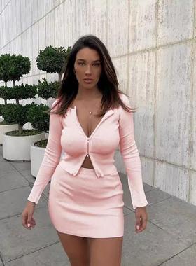 Womens INS double zipper long-sleeved top short skirt