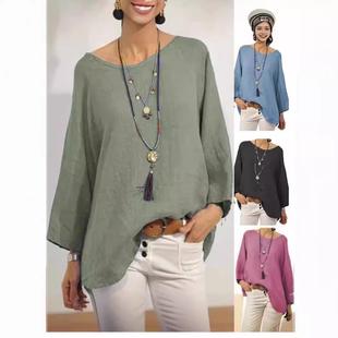 Womens Shirt Tops Linen Solid Neck Cotton Nine-point and