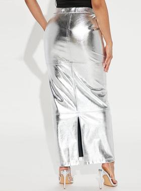 autumn new silver slim bag hip skirt slit leather female