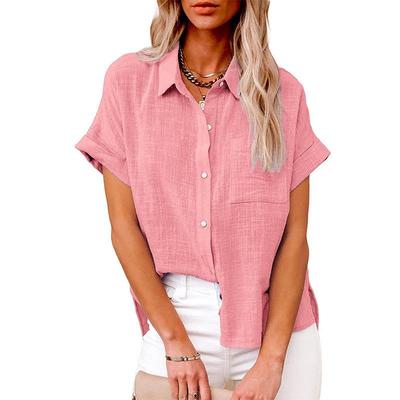 Tops Cotton Linen Pocket Short Sleeve Shirt T-Shirt Womens