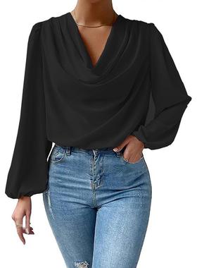 Clothing Womens T-Shirt Top Casual Neck V Draped Loose