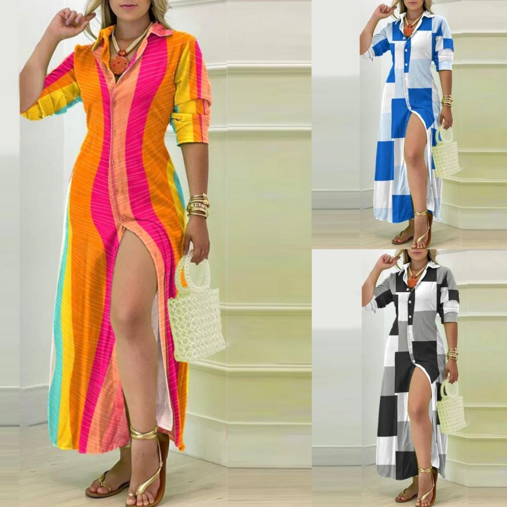 Long Sleeve V Neck Simple Button Shirt Dress Women