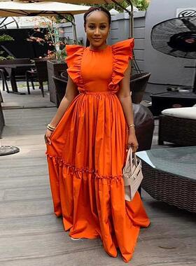 dress long waist neck round short-sleeved ruffled elegant