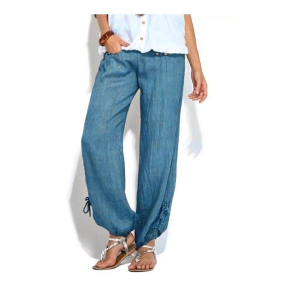Loose button decoration casual wide leg trousers for women