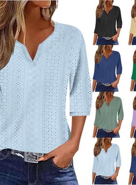 women for top T-shirt sleeve three-quarter V-neck color