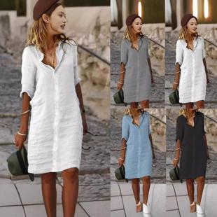 Dress Shirt Linen and Cotton Color Solid Mid-Sleeve Button