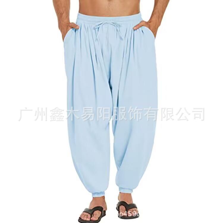 Mens Color and Drawstring Elastic Cotton Trousers Solid
