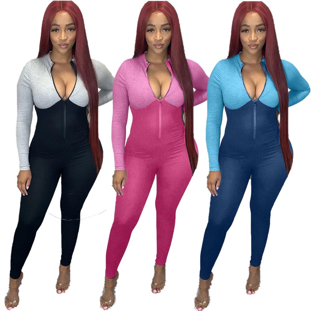 Women's high collar ribbed zipper sports jumpsuit