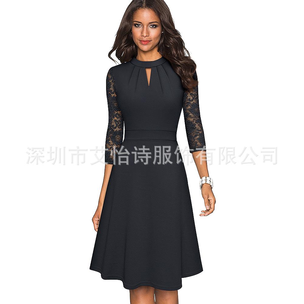 Womens hollow stand collar dress commuting long swing