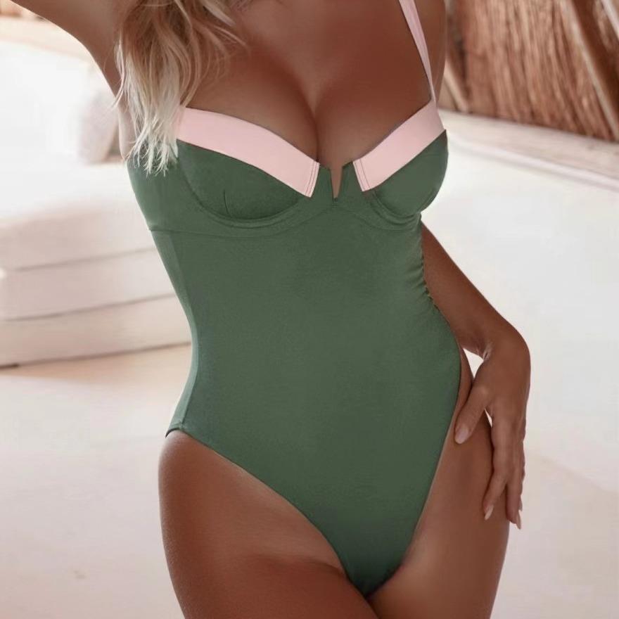Solid color one-piece swimsuit sexy gathered tight high-end