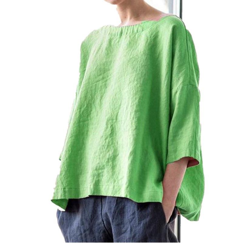 Womens round loose neck all-match and blouse linen tops