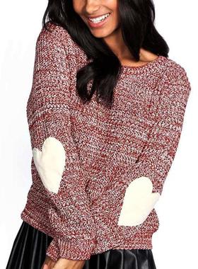 Round Elbow Knitted Patch Womens Long Pullover Sweater Top
