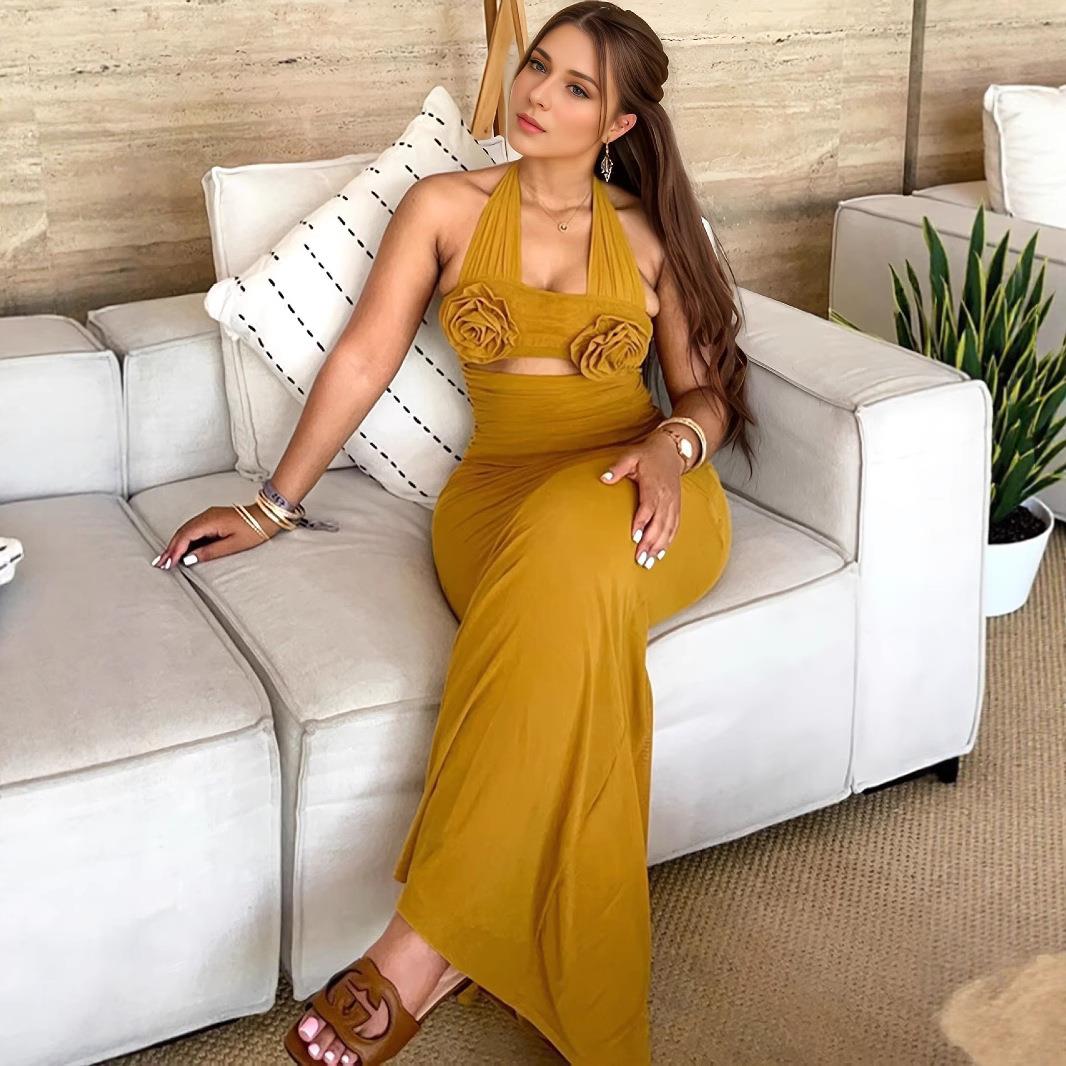 Womens halter neck three-dimensional flower decoration high