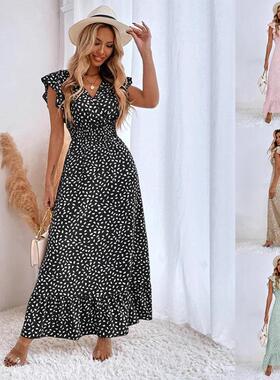 Womens V-neck waist long skirt ruffled elegant dress female