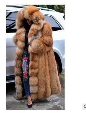 women real red fur coats with hood thick warm fur coat long