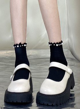 袜子女珍珠薄款中筒日系花边新款ins卷边袜子木耳边时尚棉袜黑色