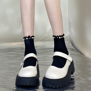 棉袜黑色 ins卷边袜子木耳边时尚 袜子女珍珠薄款 中筒日系花边新款