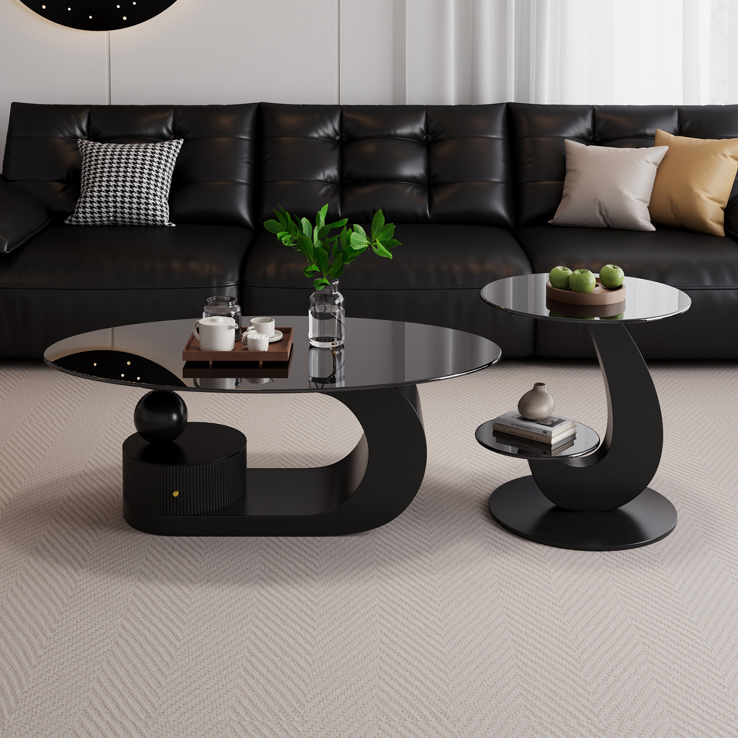 现代简约黑色钢化玻璃茶几高级感椭圆形储物客厅家用小户型茶桌,住宅家具,茶几,淘宝优惠券,粉丝福利购,淘宝优惠卷