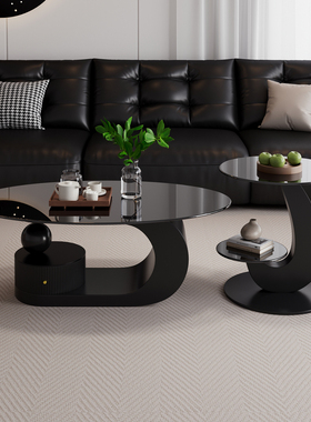 现代简约黑色钢化玻璃茶几高级感椭圆形储物客厅家用小户型茶桌