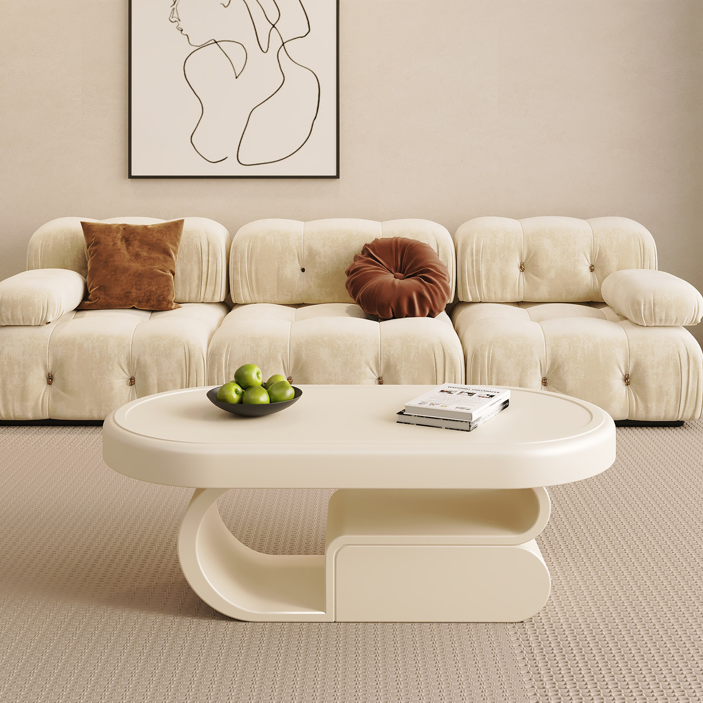 奶油风茶几客厅家用小户型网红椭圆形设计感高级感简约饼干小茶几