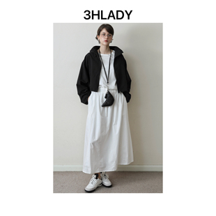 3HLADY 松紧腰系带白色蓬蓬半身裙 复古浪漫含电脑机绣客供PIMA棉